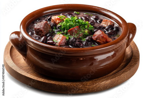 panela de barro com deliciosa receita brasileira de feijoada leve isolado em fundo branco
