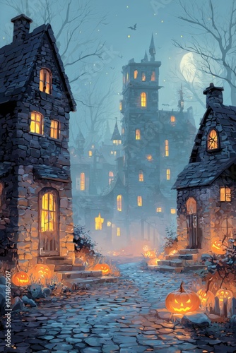 Haunting Night Scene in a Spooky Village With Glowing Pumpkins and Towering D...