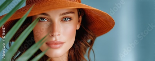 Close-up of a Woman Wearing a Large Orange Hat With Blue Eyes and Curly Hair ...