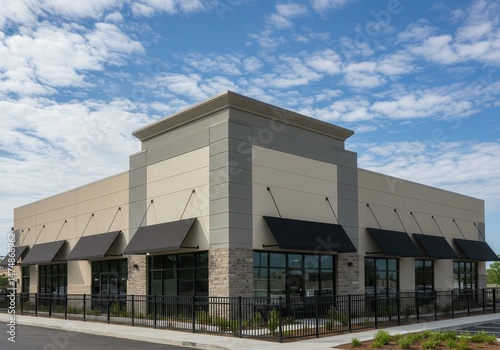 Modern Beige Commercial Building Exterior Design Daytime Sun Sky Shop Store Fence Stone Urban Office