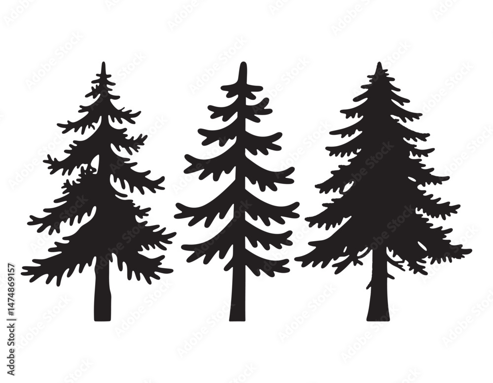 Obraz premium Three Silhouetted Evergreen Trees Nature Illustration Clipart