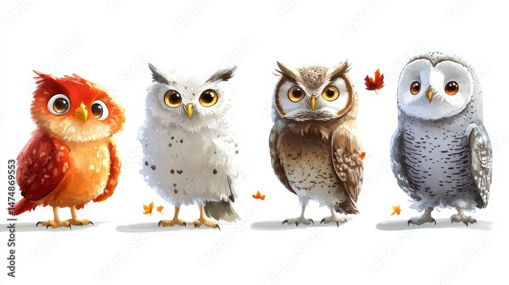 Fototapeta premium Colorful cartoon owls in a playful arrangement.
