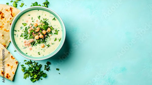 Creamy chickpea soup with fresh herbs served with flatbread