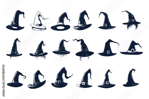 Illustration of different witch hats isolated on white