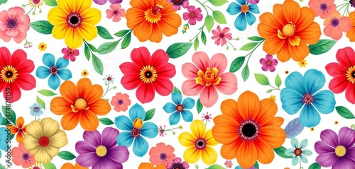 Wallpaper Mural Vibrant seamless spring/summer floral vector pattern in diverse colors on white, vector pattern, decor Torontodigital.ca