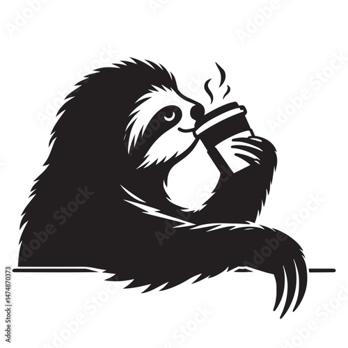 Sloth drinking coffee silhouette vector white background 