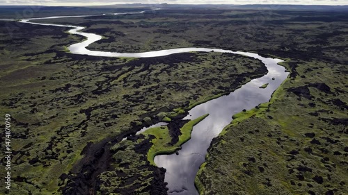 Scenic aerial view of a winding river flowing through a vibrant green mossy landscape in iceland