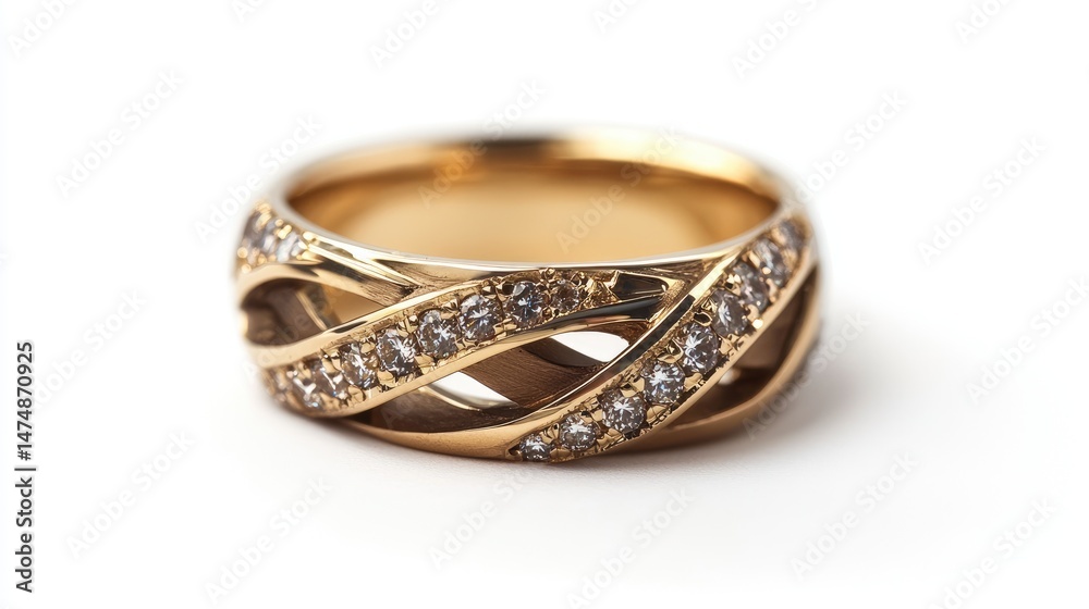Elegant gold band ring with intricate diamond setting. Elegant gold band ring with intricate diamond setting.