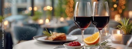 Red Wine Glasses on a Table With Festive Decor and Gourmet Food at a Cozy Res...