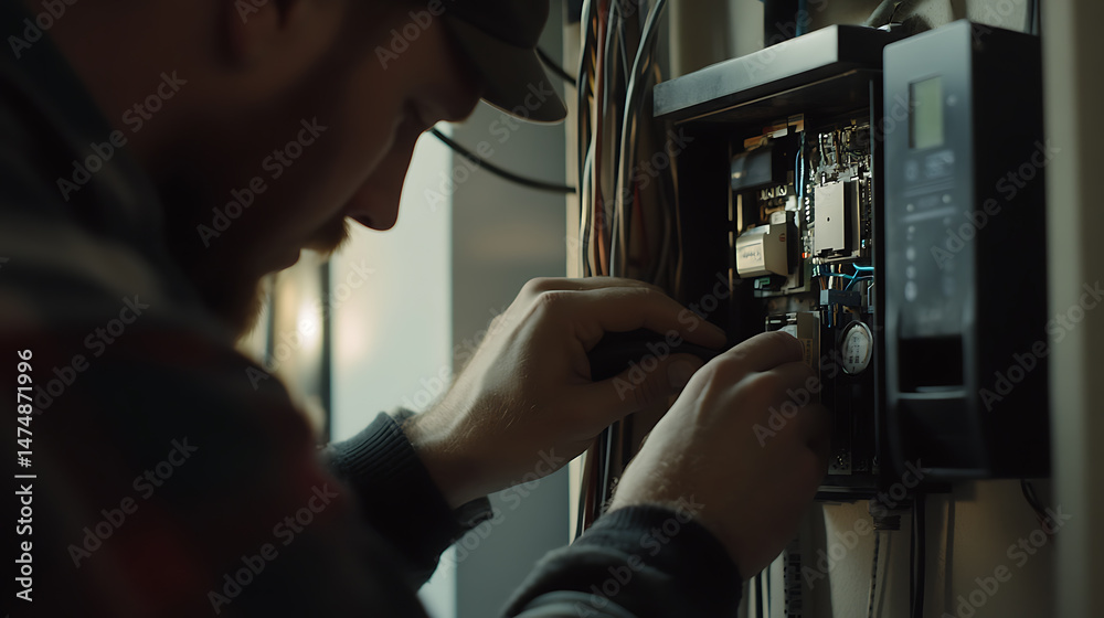 Electrician Working on a Circuit Breaker Panel Electrician Working on a Circuit Breaker Panel