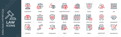 law icon set. with icon Legislation, Illegal, Lawyer, Legal Document, Justice