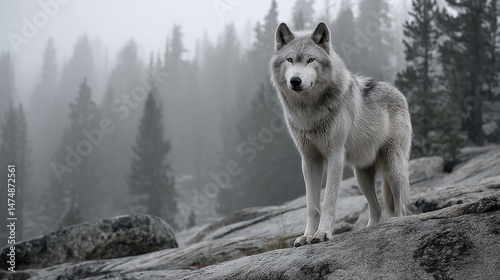 Lone wolf standing on rocky terrain, misty forest backdrop. Majestic, serene, and wild, capturing nature's beauty. Natural lighting, captivating gaze.