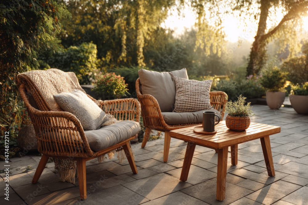 Fototapeta premium Cozy garden lounge with rattan armchairs and wooden table