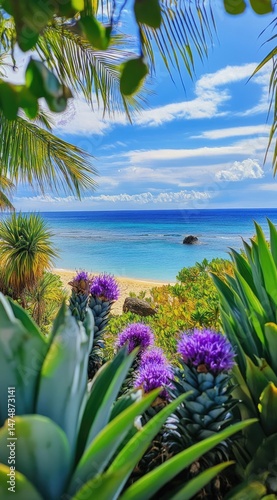 Lush tropical foliage frames a tranquil beach scene with vibrant purple flowers and clear turquoise water under a bright blue sky