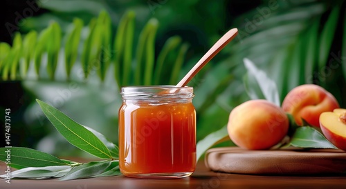 Delicious Peach Jam in a Glass Jar Next to Fresh Peaches and Green Leaves on ...