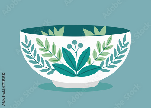 White Bowl with Teal Green Leaf and Floral Design