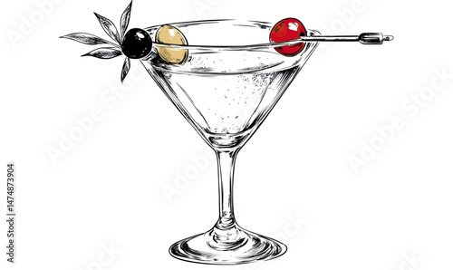 Hand drawn vintage martini glass with olive cherry cocktail sketched illustration in minimalist outline style drink vector art