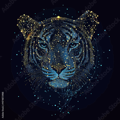 Abstract tiger head composed of glowing interconnected points and lines in starry night digital network style with blue and gold colors on black background for futuristic design concept