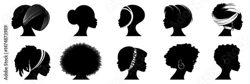 Black women hairstyles silhouette collection diverse natural hair afro bantu knot cornrows headwrap profile flat vector icons