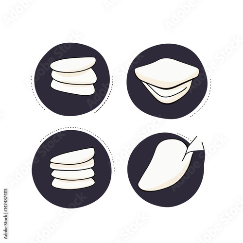Set of flat minimalist vector illustrations of cotton pads stacked and single with peeling corner in circular dark backgrounds for cosmetic skincare use design elements