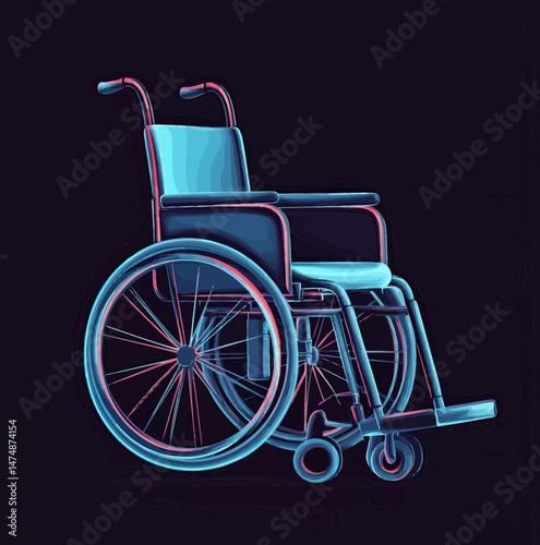 Detailed blue and black minimalist wheelchair vector illustration with large rear wheels and small front casters on dark background for accessibility concept design