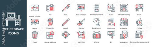 office space icon set. with icon office, Presentation, Rules, Office Building, Desk