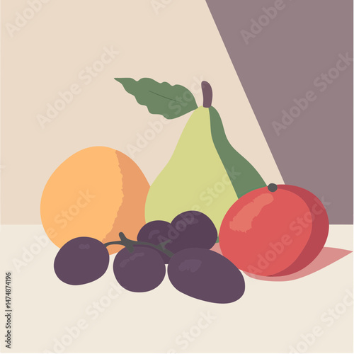 Flat minimalist vector illustration of fresh grape bunch, green pear with leaf, orange, and red apple fruits on neutral background with shadow play in simple geometric style