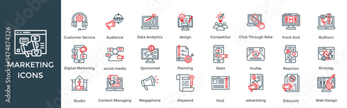 marketing icon set. with icon Customer Service, Audience, Data Analytics, design, Competitor