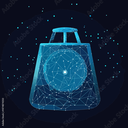Abstract polygonal bathroom scale vector illustration with starry sky effect and low poly blue geometric design on dark background for health and fitness concept