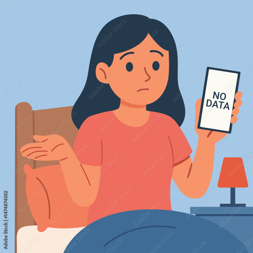 Confused woman in bed holding smartphone with no data signal, mobile internet problem concept, no data flat vector illustration Confused woman in bed holding smartphone with no data signal, mobile internet problem concept, no data flat vector illustration