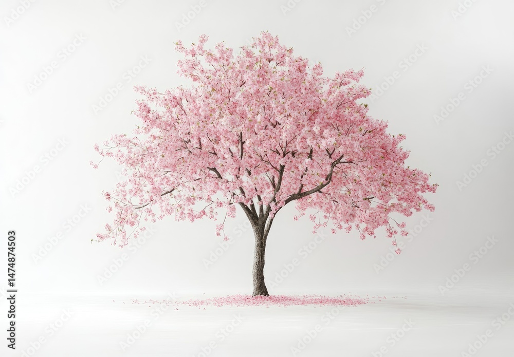 Fototapeta premium Single cherry blossom tree against white background. Petals scattered at base