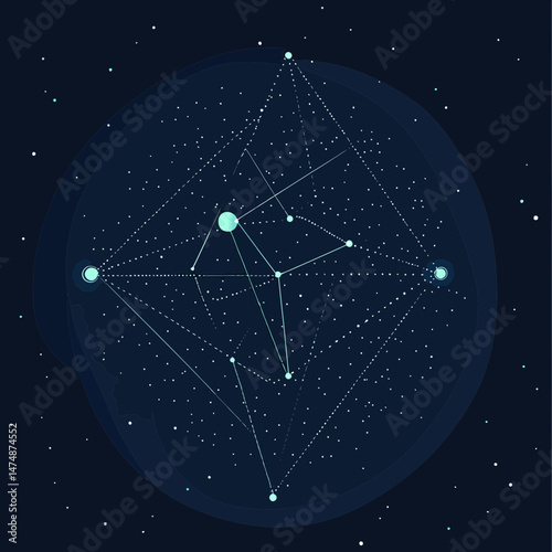 Abstract geometric diamond shape formed by interconnected glowing points and lines on dark starry space background for technology and science concepts vector illustration