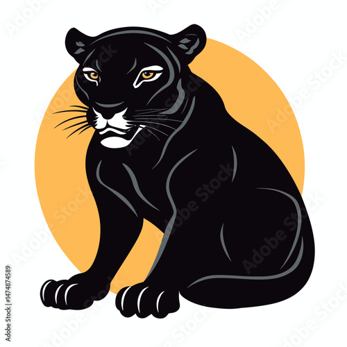 Sitting black panther with orange eyes in minimalist flat vector style with yellow circle background wild cat illustration