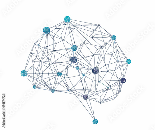 Abstract digital brain network with interconnected nodes and low poly wireframe structure representing neural connections and technology concept illustration