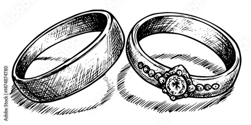 wedding rings set hand drawn vector in engraved outline style