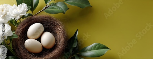 Nest With Three Eggs Surrounded by Green Leaves and White Flowers on a Yellow...