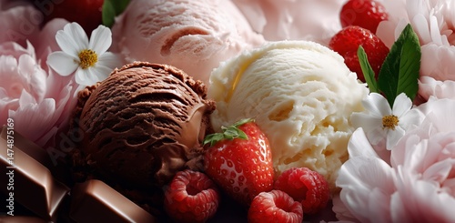 Delicious Ice Cream Dessert Featuring Chocolate and Vanilla Scoops With Fresh...