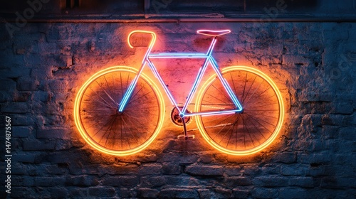 Vibrant neon bicycle against rustic brick wall creating a striking visual