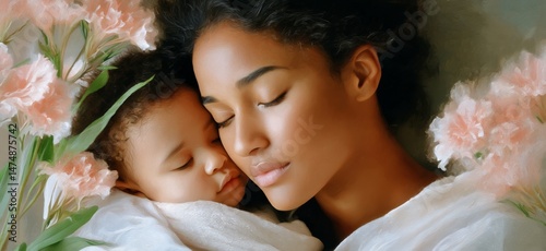 Mother Embracing Child With Love in a Tranquil Garden Setting