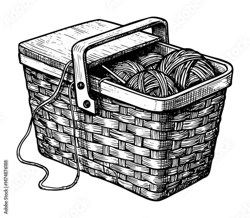 knitting basket with yarn balls hand drawn vector