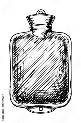 classic rubber hot water bottle in vintage engraved drawing style