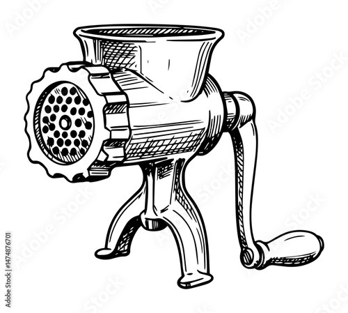 hand crank meat grinder vintage kitchen tool hand drawn in engraving style