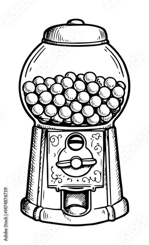 vintage gumball machine filled with round candies drawn in cartoonish engraving style