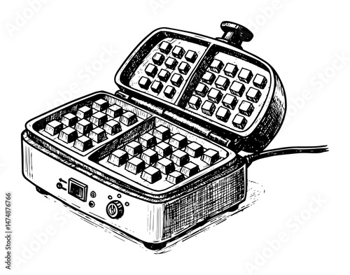 electric waffle maker with hot iron plates hand drawn in retro engraved style