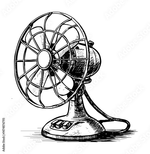 vintage electric desk fan with protective cage hand drawn in detailed sketch style