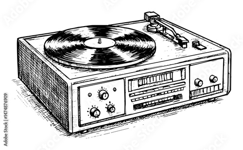 retro record player turntable with vinyl and radio features drawn in classic engraving style