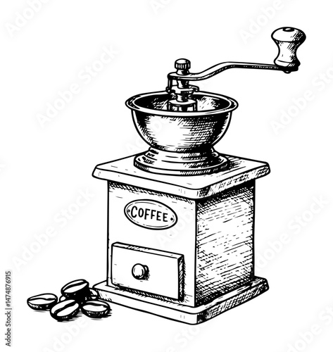 antique manual coffee grinder with beans hand drawn in detailed sketch style