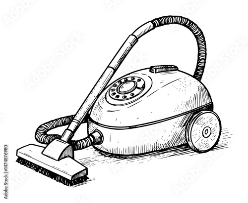 canister-style vacuum cleaner with flexible hose hand drawn in vintage sketch
