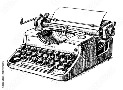 classic manual typewriter with paper sheet and keys drawn in detailed sketch style