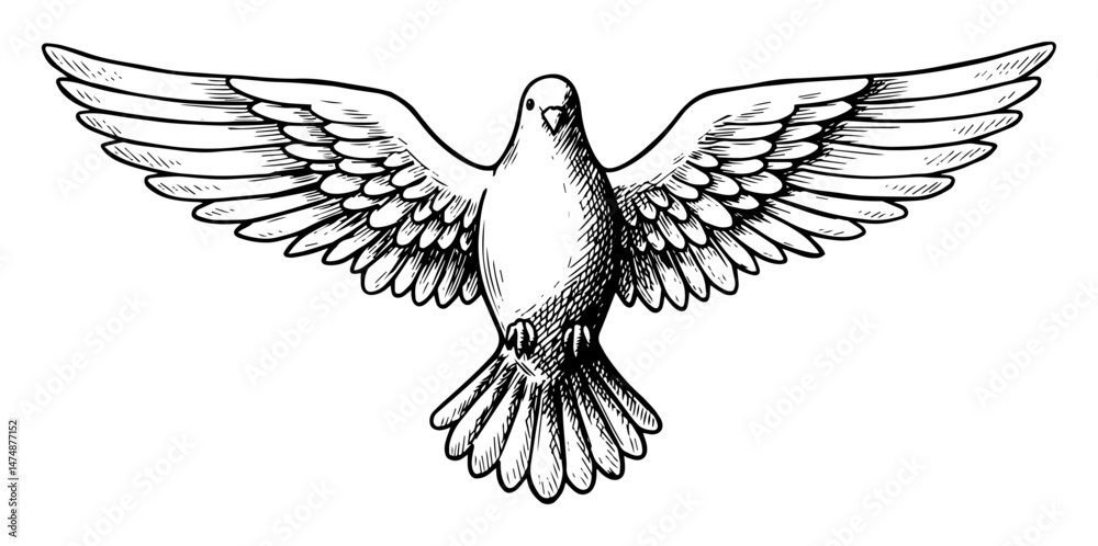 Obraz premium peaceful flying dove with spread wings hand drawn in symbolic engraved style